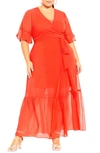 City Chic Flutter Sleeve Wrap Maxi Dress In Tigerlily