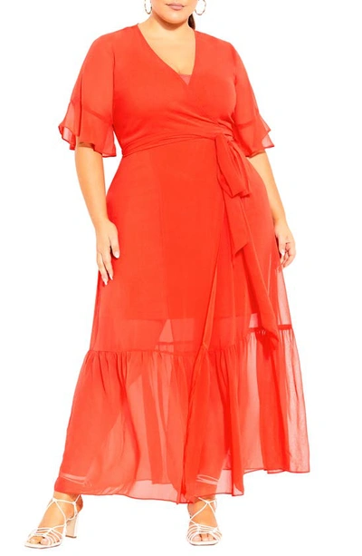 City Chic Flutter Sleeve Wrap Maxi Dress In Tigerlily