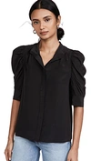 Frame Pleated Puff-sleeve Silk Mockneck Top In Noir