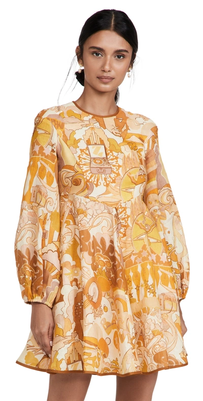 Zimmermann Tempo Abstract-print Linen-voile Midi Dress In Gelb