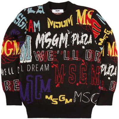 Msgm Teen Logo Intarsia-knit Wool-blend Jumper In Black