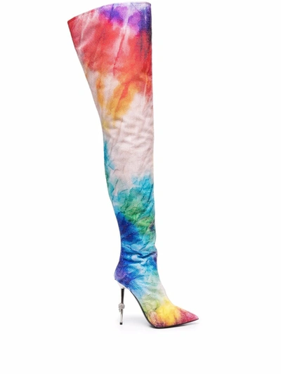 Philipp Plein Tie-dye Print Thigh High Boots In Blau