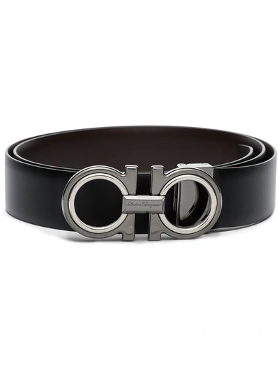Ferragamo Gancini Reversible Leather Belt In Black,blue