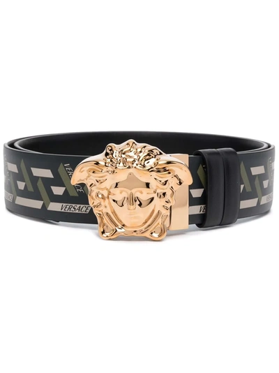 Versace Men's La Medusa La Greca Print Leather Belt In Black