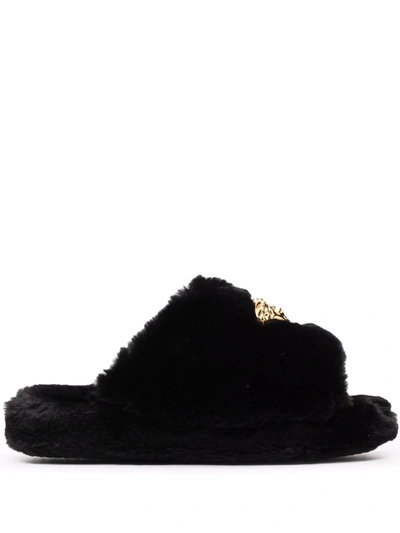 Versace Logomania Fuzzy Open-toe Slippers In Black