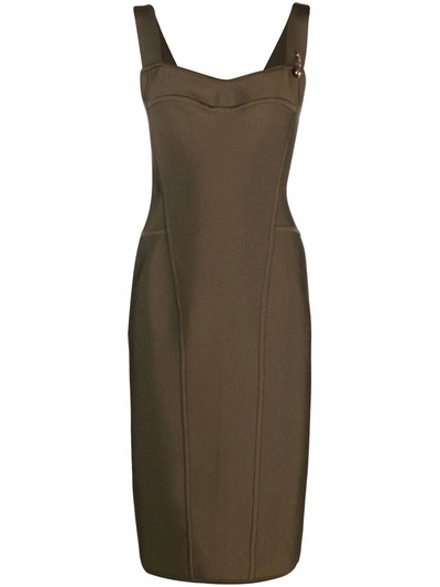 Versace Bustier Knit Midi Dress W/ Safety Pin Detail In Olive Green