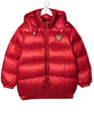 Moschino Kids' Teddy Bear-motif Hooded Padded Jacket In Red