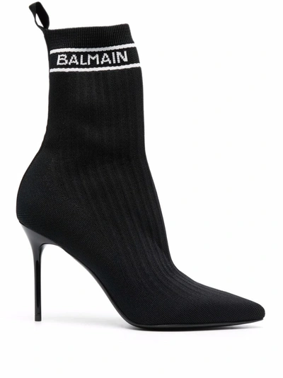Balmain Skye Logo-detailed Stretch-knit Ankle Boots In Nero