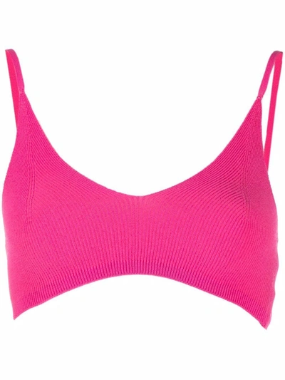 Jacquemus Pralu Cropped Embellished Ribbed-knit Top In Pink