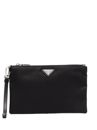 Prada Triangle Logo Re-nylon And Saffiano Leather Envelope Pouch In Black