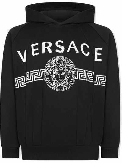 Versace Kids' 印花棉质连帽卫衣 In Black
