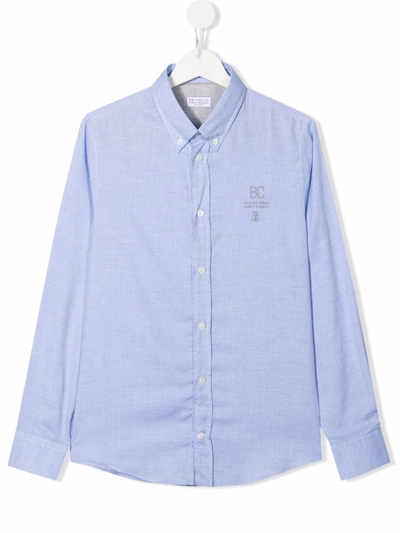 Brunello Cucinelli Teen Logo-print Long-sleeve Shirt In Blue