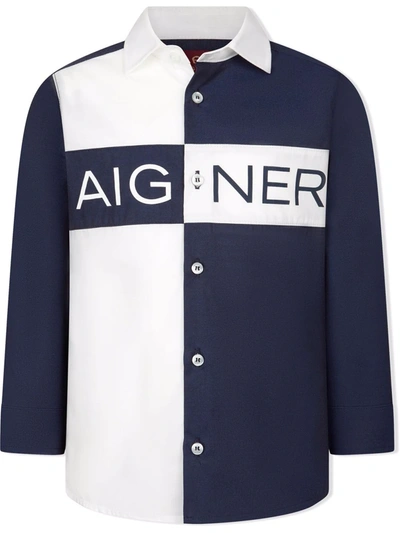 Aigner Kids' Two-tone Cotton Shirt In Blue