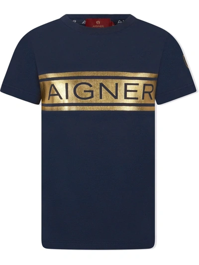 Aigner Kids' Metallic Logo-print T-shirt In Blue