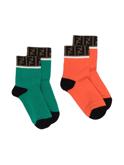 Fendi Kids' Ff-logo Trim Cotton Socks In Green
