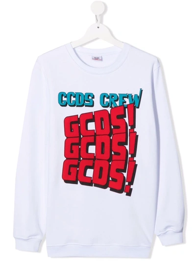 Gcds Kids' Flocked Logo Cotton Sweatshirt In White