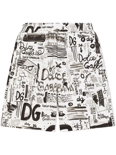 Dolce & Gabbana Kids' Graffiti Logo Print Shorts In White