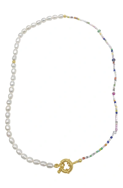 Adornia Half Seed Bead Half Faux Pearl Necklace In White