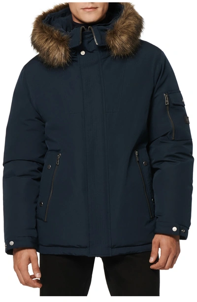 Andrew Marc Daytona Faux Fur Trim Hooded Down Snorkel Jacket In Ink