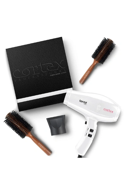 Cortex Beauty Torrid Hair Dryer & 2 Wood Boar Bristle Brush Bundle In White