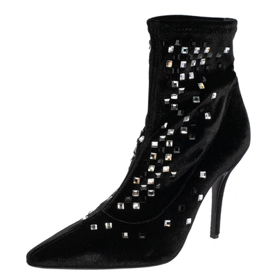 Pre-owned Giuseppe Zanotti Black Velvet Crystal Embellished Pointed Toe Ankle Boots Size 40
