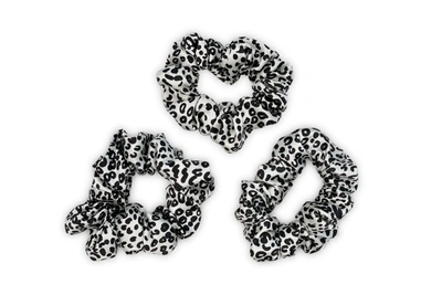 Mayfairsilk Leopard Silk Scrunchies Set With Black And White Detail In Grey