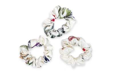 Mayfairsilk White Silk Scrunchies Set With Botanical Print In Multicolor