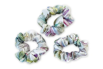 Mayfairsilk Iridescent Garden Silk Scrunchies Set With White, Green And Purple Detail In Multicolor