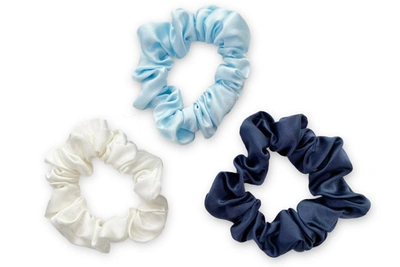 Mayfairsilk Midnight Blue / Ivory / Pastel Blue Silk Scrunchies Set