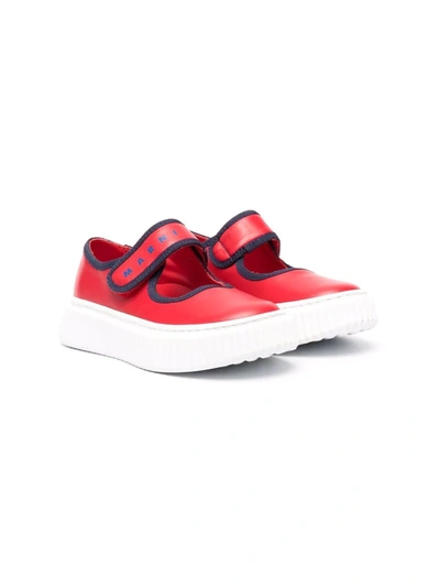 Marni Kids' Logo-print Touch-strap Leather Shoes In Red