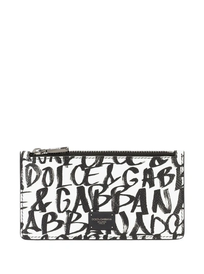 Dolce & Gabbana Graffiti Black And White Leather Card Holder In Black,white