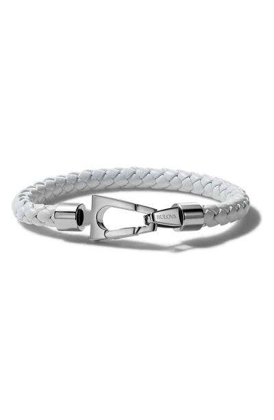 Bulova Stainless Steel Braided Leather Bracelet In White
