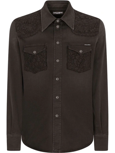 Dolce & Gabbana Denim Lace-detail Shirt In Black