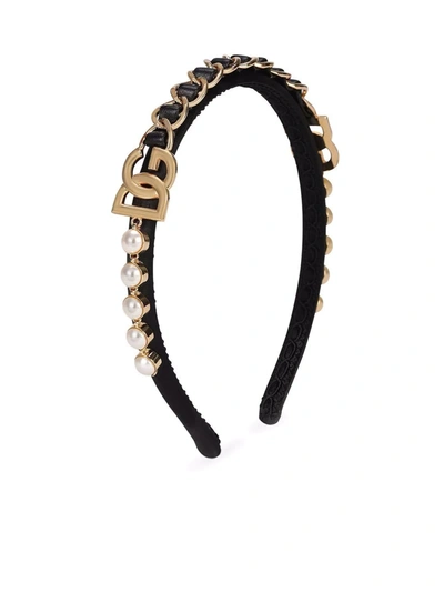 Dolce & Gabbana Satin Headband With Dg Logo And Rhinestones In Black