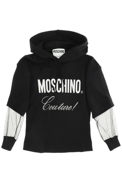 Moschino Layered Couture Logo Hooded Sweatshirt In Black,white