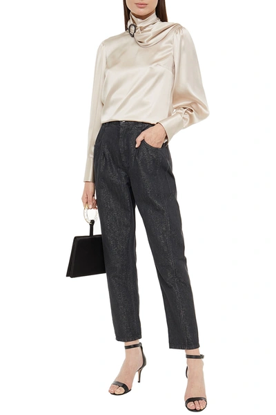 Brunello Cucinelli Pleated Bead-embellished Metallic High-rise Tapered Jeans In Anthracite