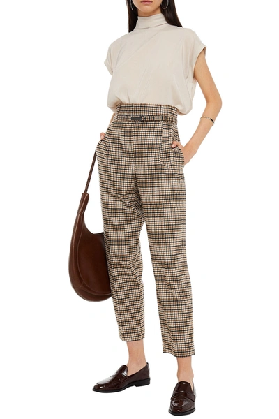 Brunello Cucinelli Belted Checked Wool-blend Tapered Pants In Neutral