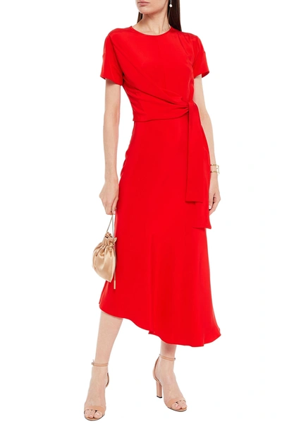 Etro Asymmetric Tie-front Satin Midi Dress In Tomato Red