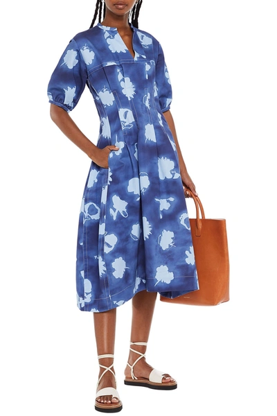 Marni Pleated Printed Cotton And Linen-blend Gabardine Midi Dress In Blue