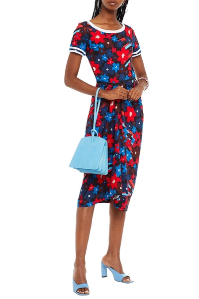 Marni Gathered Floral-print Cotton-jersey Midi Dress In Blue