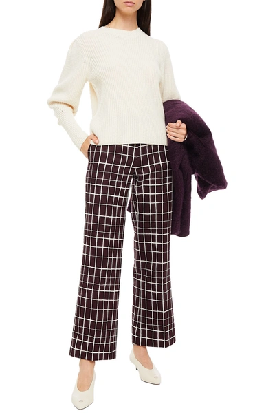 Marni Checked Cotton And Linen-blend Tweed Bootcut Trousers In Burgundy