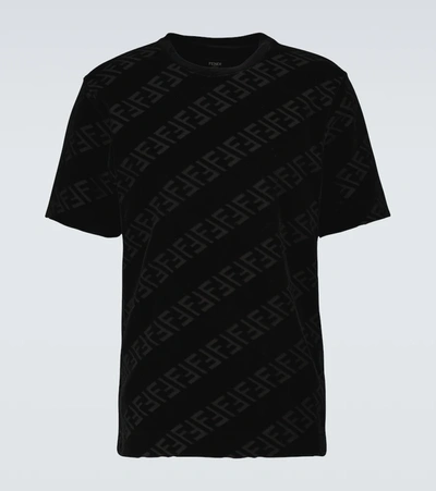 Fendi Logo-flocked Cotton-blend Jersey T-shirt In Black