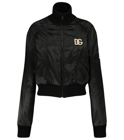 Dolce & Gabbana Crystal Logo Crop Bomber Jacket In Black