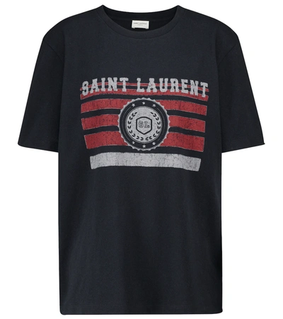 Saint Laurent Crewneck T-shirt With Logo-print In Blue