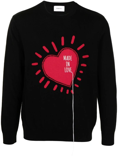 Ports V Heart-print Wool Sweater In Black