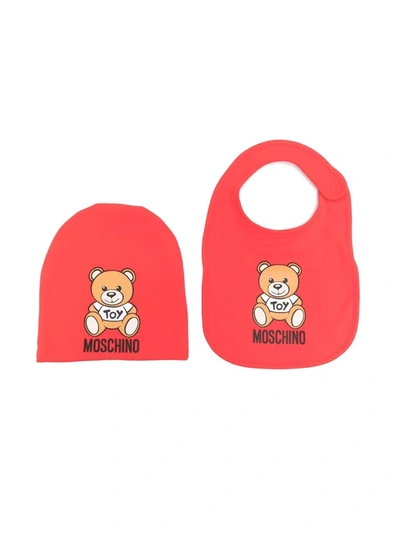 Moschino Babies' Toy Bear Beanie And Bib Set In Red