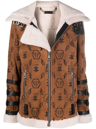 Philipp Plein Monogram Shearling-lined Suede Biker Jacket In Brown