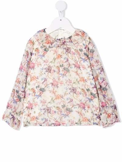 Bonpoint Kids' Floral-print Ruffled-collar Blouse In White