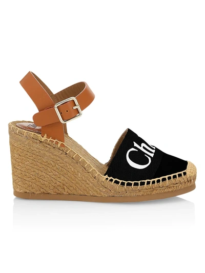 Chloé Woody Logo Espadrille Platform Wedge Sandals In Black
