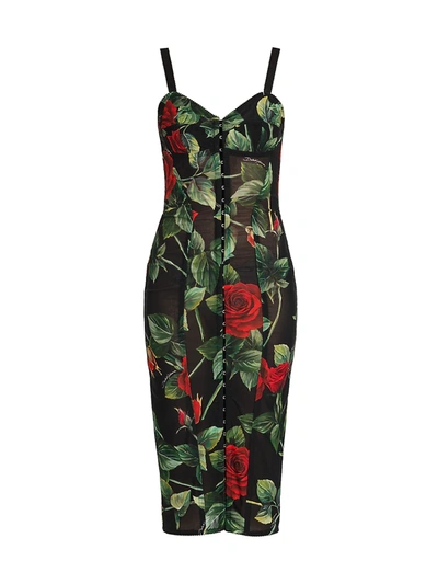 Dolce & Gabbana Longuette Dress With All-over Rose Print In Black